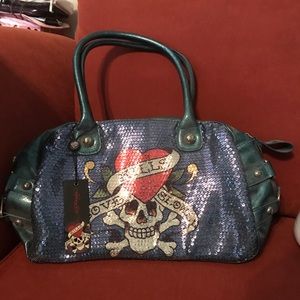 Love Kills Slowly Blue Sequin Hobo Bag.